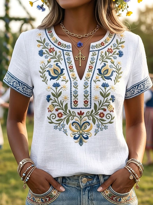 Damska koszulka w stylu vintage szwedzki Midsummer Floral Art V Neck T-Shirt