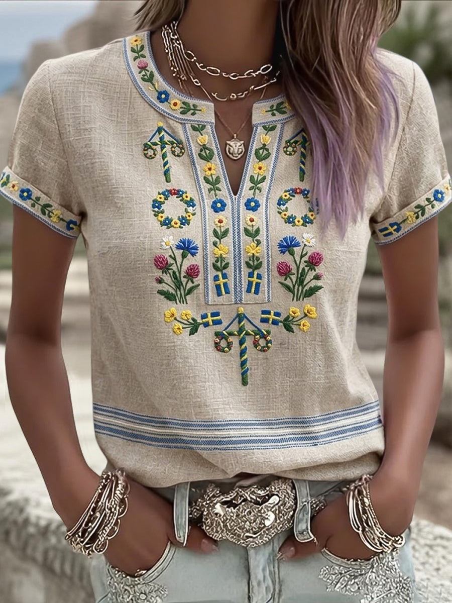 Damska koszulka z dekoltem w szpic w stylu retro szwedzki Midsummer