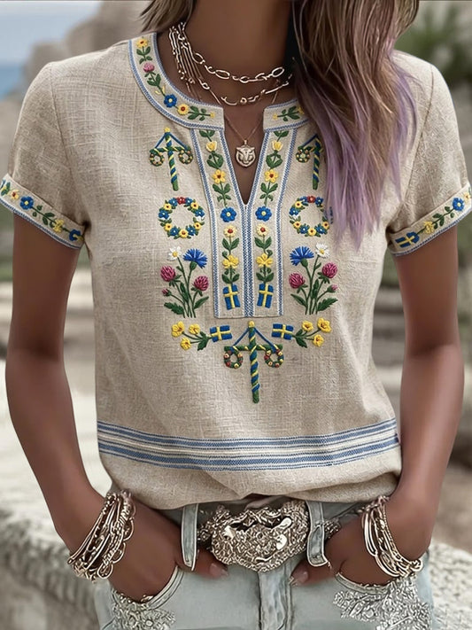 Damska koszulka z dekoltem w szpic w stylu retro szwedzki Midsummer