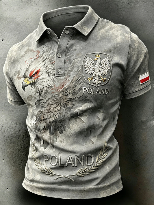 Męski polo z efektem znoszenia, z kamuflażem, haftem i nadrukiem