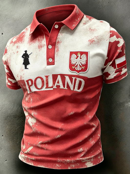 Męski polo z efektem znoszenia, z kamuflażem, haftem i nadrukiem