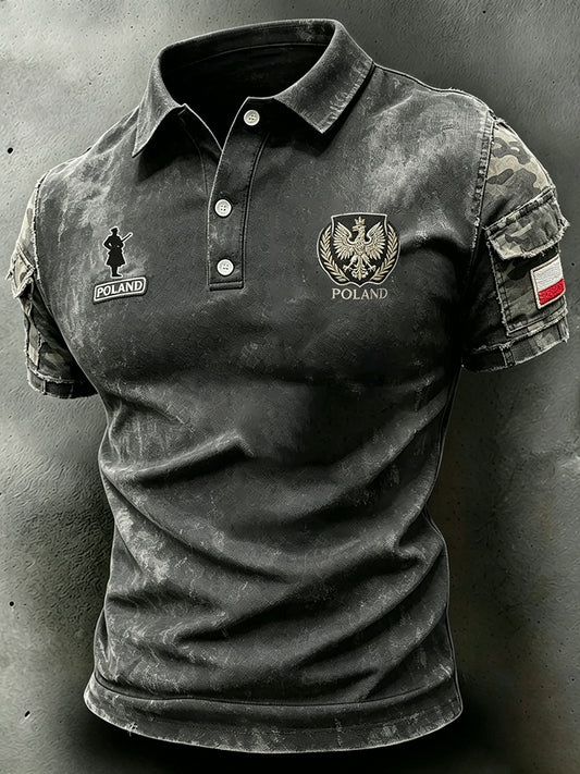 Męski polo z efektem znoszenia, z kamuflażem, haftem i nadrukiem