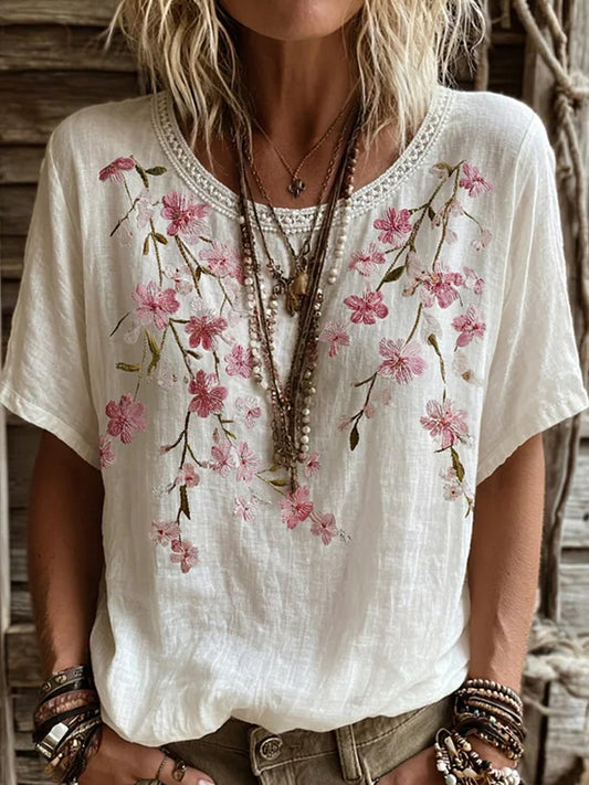 Damski top w stylu vintage z kwiatowym nadrukiem, codzienny, bawełniano-lniany