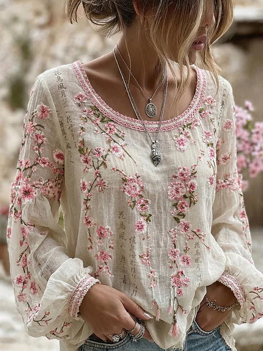 Retro kwiatowy nadruk na co dzień bawełniany-lniany top