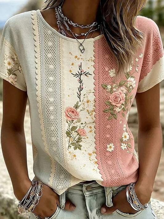 Retro kwiatowy nadruk dorywczo bawełniany-lniany T-shirt