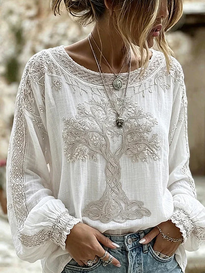 Damski top w stylu vintage z kwiatowym nadrukiem, codzienny, bawełniano-lniany