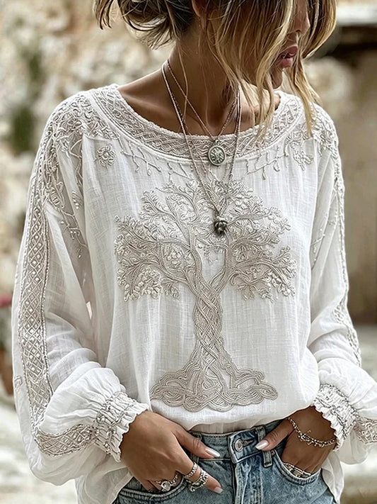 Damski top w stylu vintage z kwiatowym nadrukiem, codzienny, bawełniano-lniany