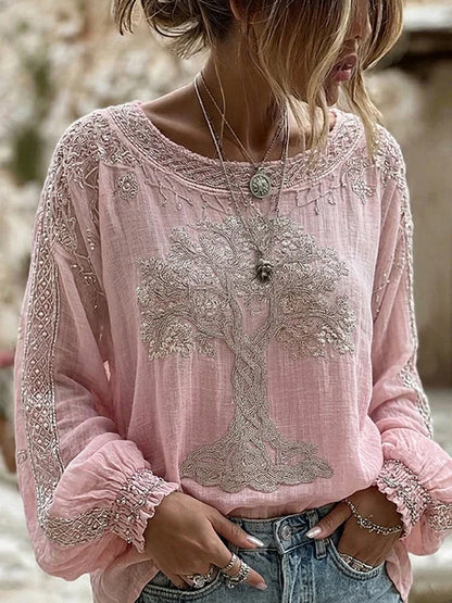 Damski top w stylu vintage z kwiatowym nadrukiem, codzienny, bawełniano-lniany