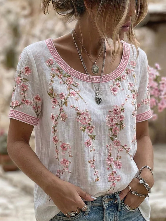 Retro artystyczny nadruk w kwiaty codzienny t-shirt z bawełny i lnu