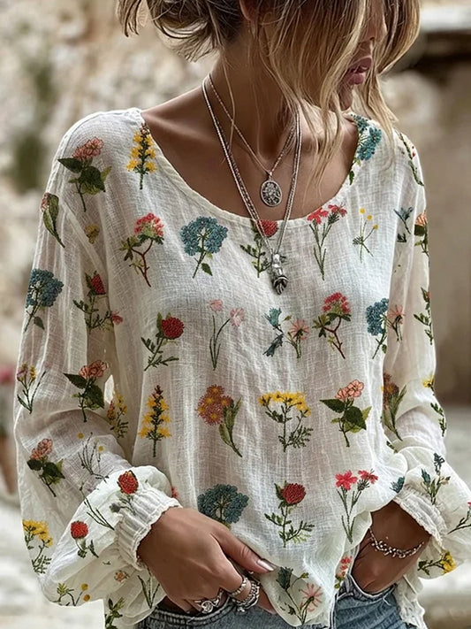 Damski top w stylu vintage z kwiatowym nadrukiem, codzienny, bawełniano-lniany