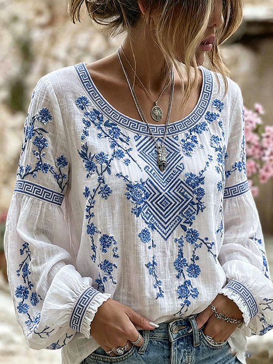 Damskie kwiatowy wzór w stylu vintage Casual Bawełna-Len Top