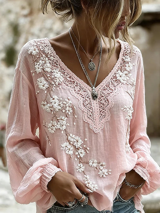 Damski top w stylu vintage z kwiatowym nadrukiem, codzienny, bawełniano-lniany