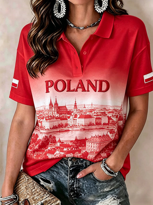 Damska koszulka polo w krajobrazowy wzór z gradientowym efektem kolorystycznym