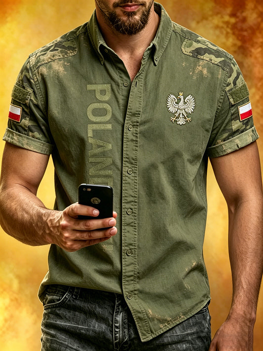 Męska koszula z krótkim rękawem w stylu postarzanym z nadrukiem kamuflażowym