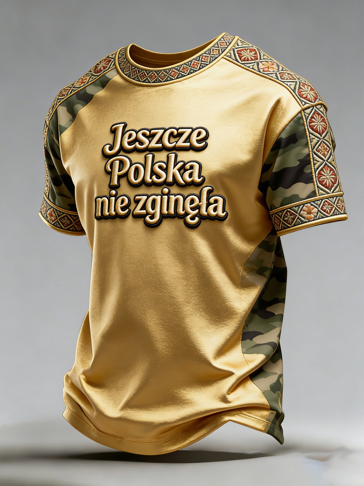 Męski t-shirt z krótkim rękawem, z artystycznym nadrukiem i elementami w stylu polskiej armii