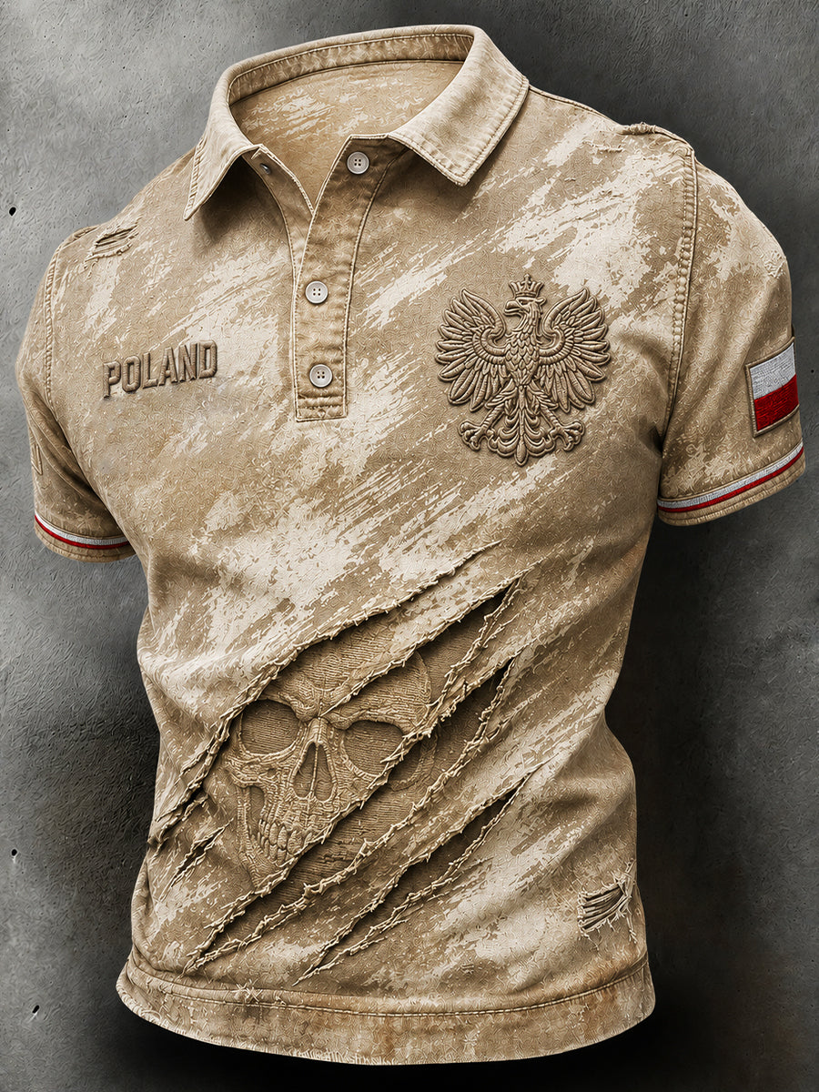 Męski retro koszulka polo w stylu casual z polskim nadrukiem sztuki wojskowej w kolorze kamuflażowym z efektem przetarcia