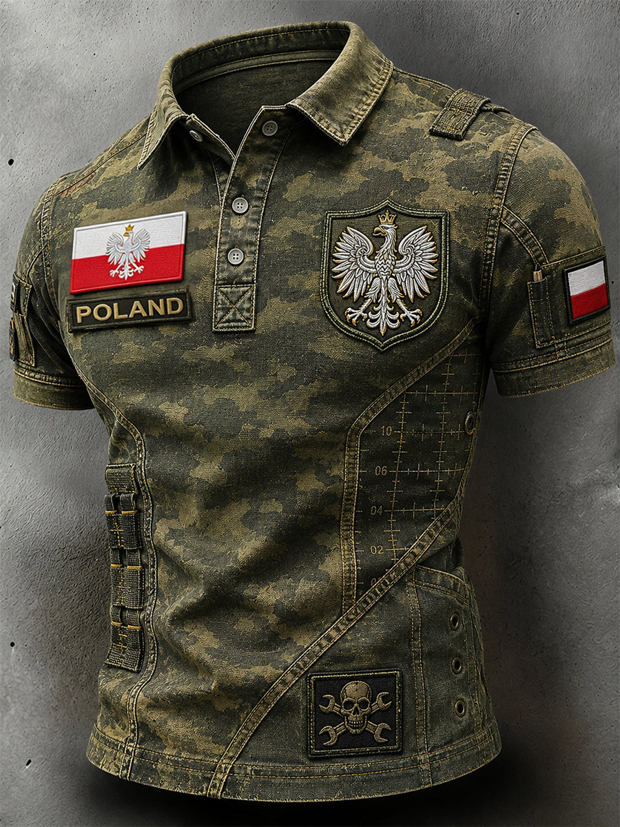 Męska koszulka polo w stylu retro w trudnej sytuacji kamuflaż z polskim nadrukiem artystycznym