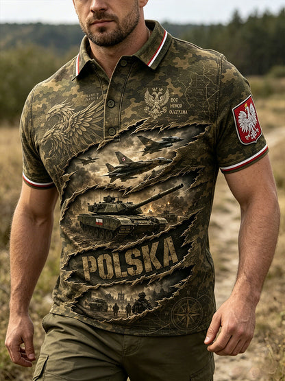 Męski retro koszulka polo z krótkim rękawem i wzorem moro