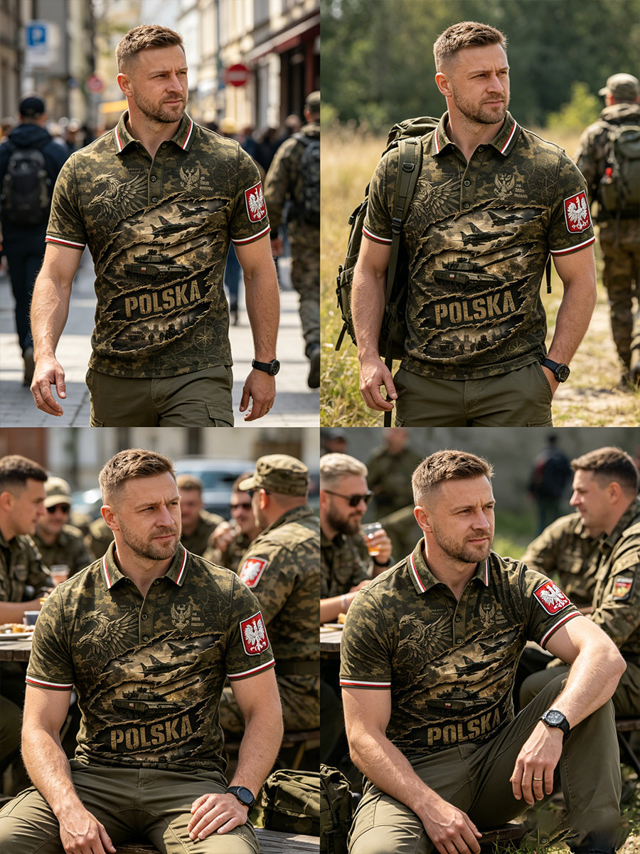 Męski retro koszulka polo z krótkim rękawem i wzorem moro