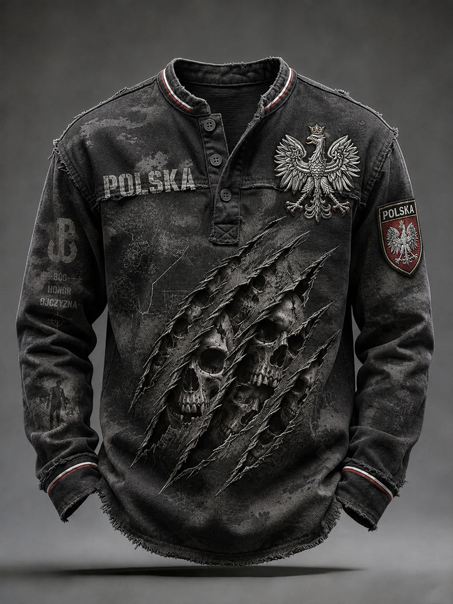Męski top z długim rękawem, w stylu retro, z nadrukiem moro i dekoltem w kształcie litery V