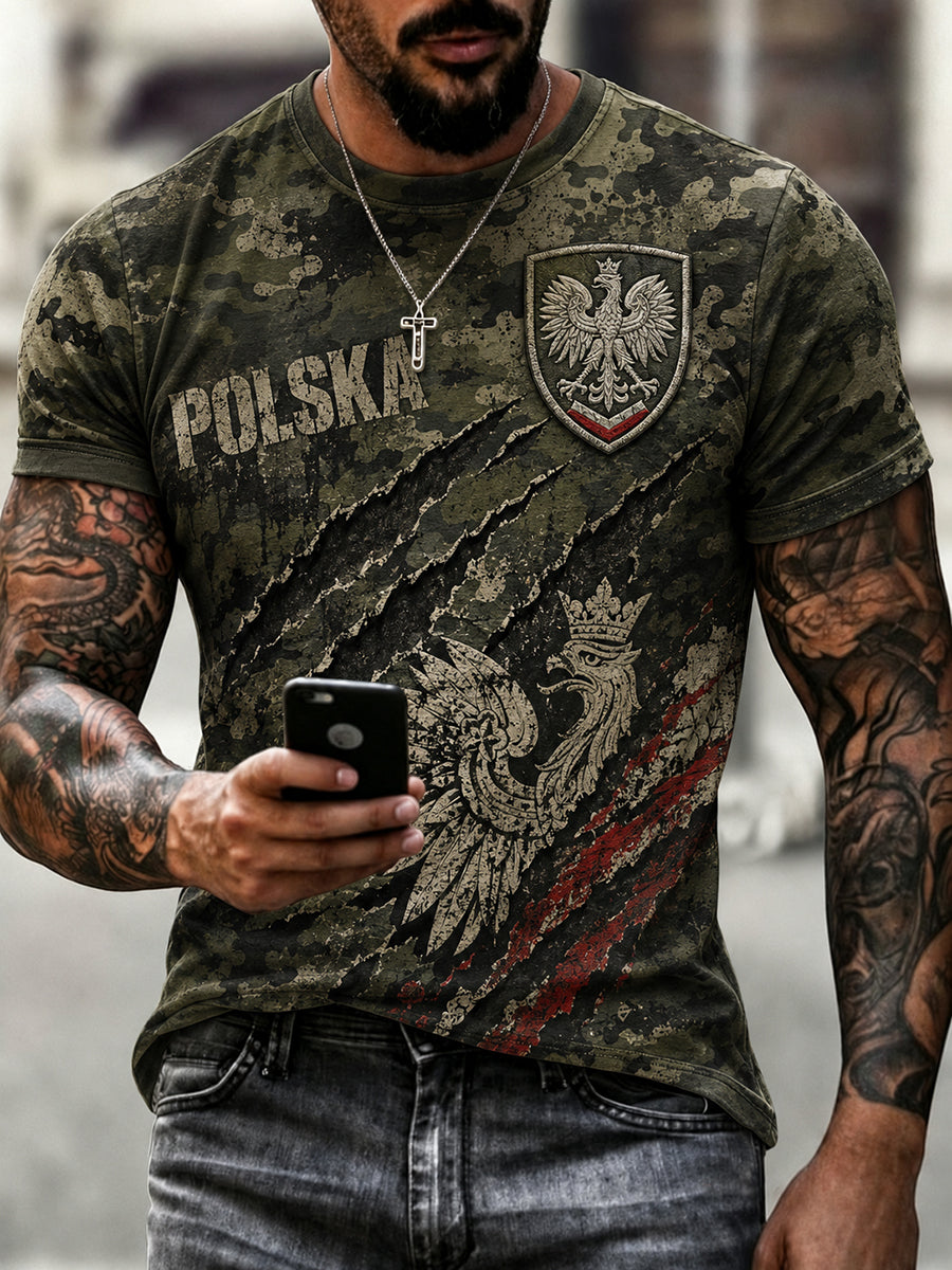 Męski t-shirt z krótkim rękawem w stylu militarnym, z efektem znoszenia i wzorem moro