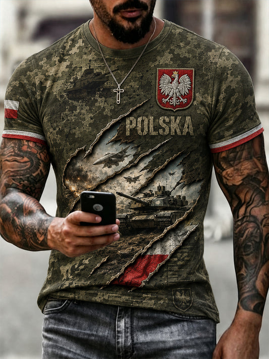 Męska koszulka z krótkim rękawem z nadrukiem wojskowego kamuflażu w trudnej sytuacji