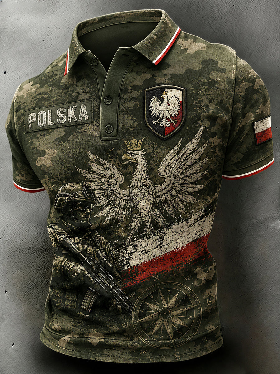 Męski koszulka polo z krótkim rękawem w stylu militarnym, poszarpany materiał, wzór moro