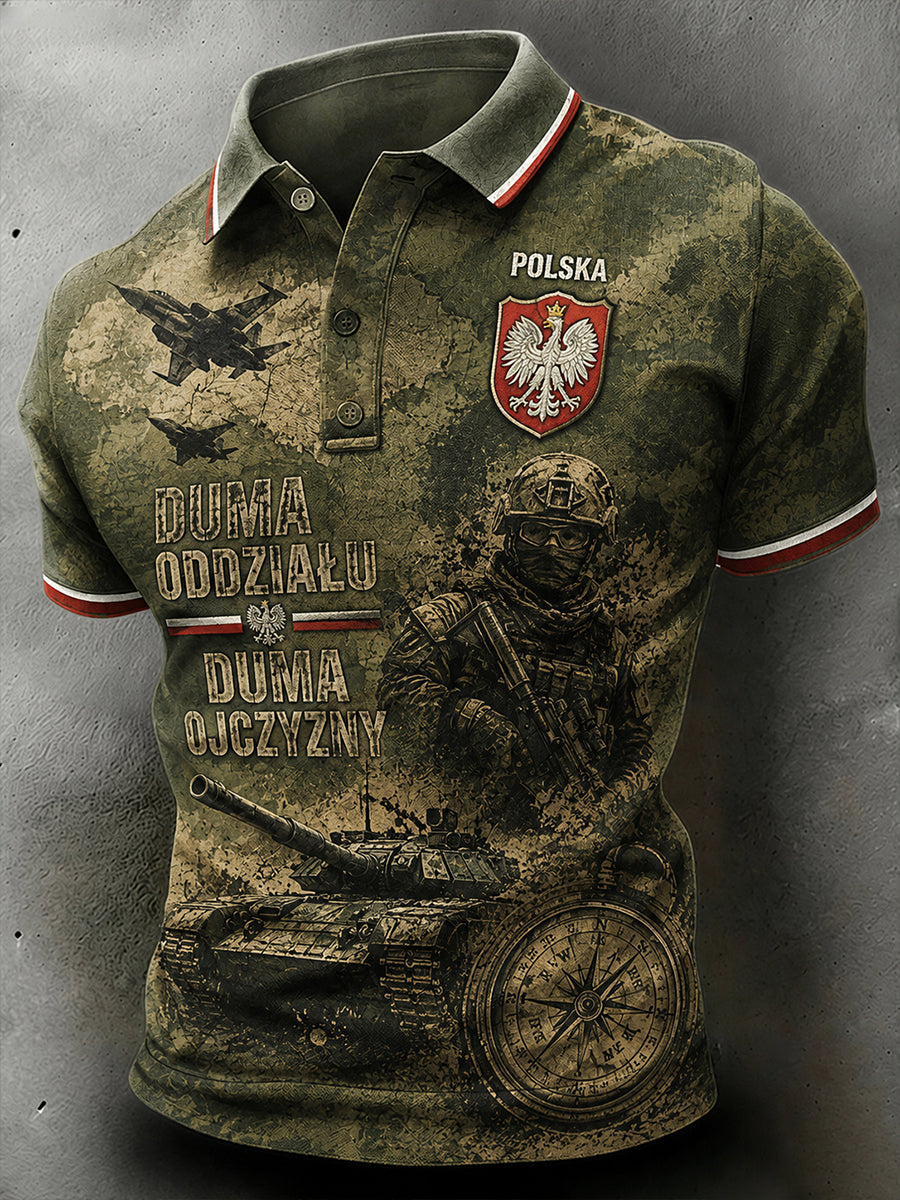 Męski koszulka polo z krótkim rękawem w stylu militarnym, poszarpany materiał, wzór moro