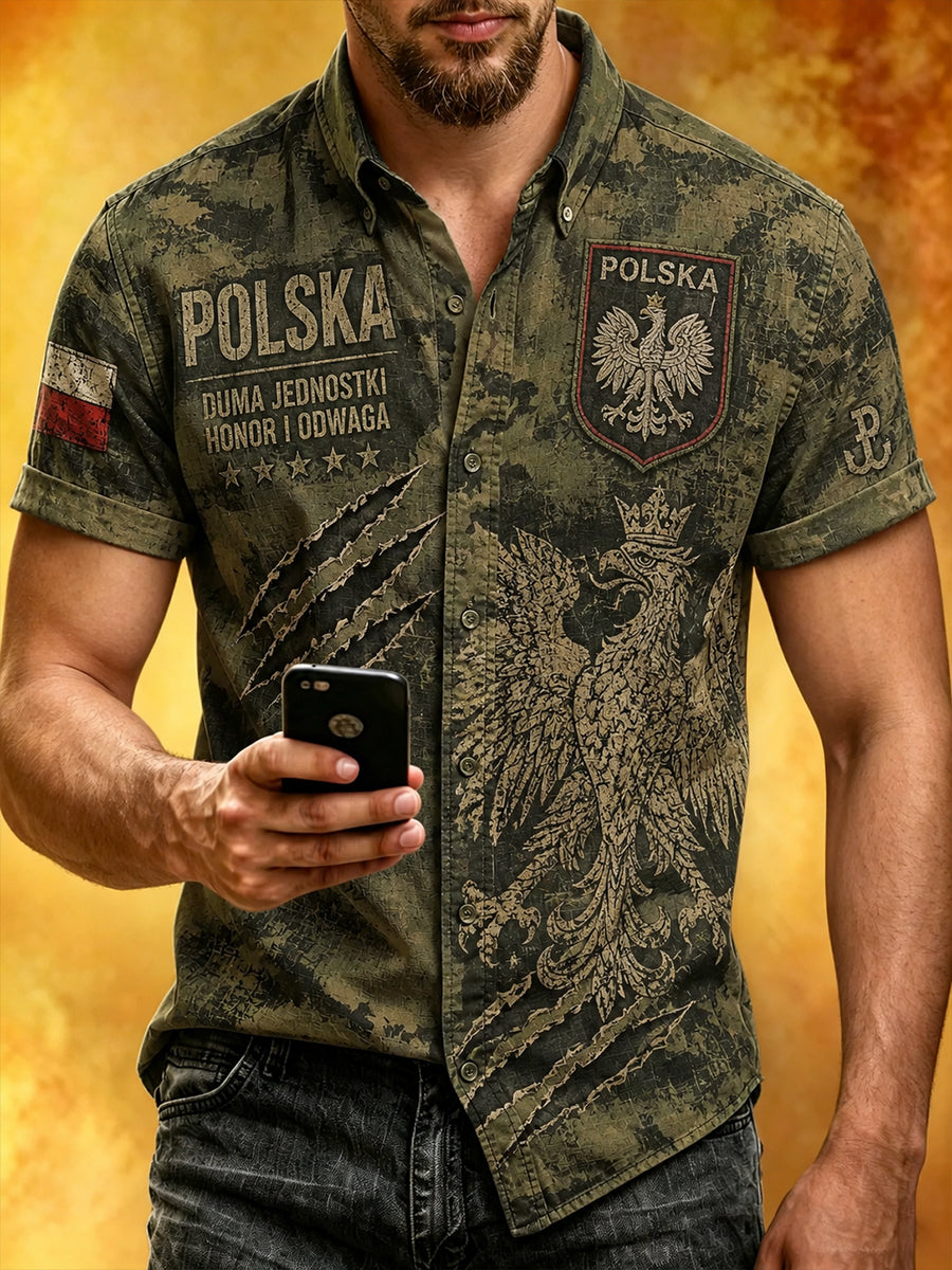 Męska koszula z krótkim rękawem w stylu militarnym, z efektem znoszenia i wzorem moro