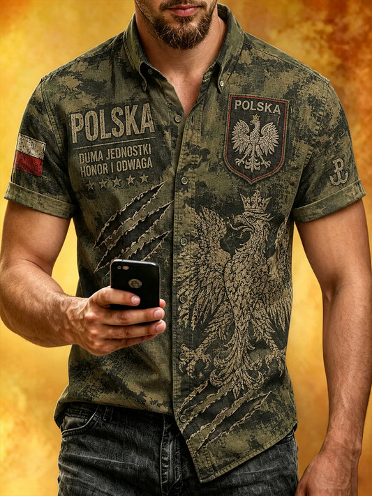 Męska koszula z krótkim rękawem w stylu militarnym, z efektem znoszenia i wzorem moro