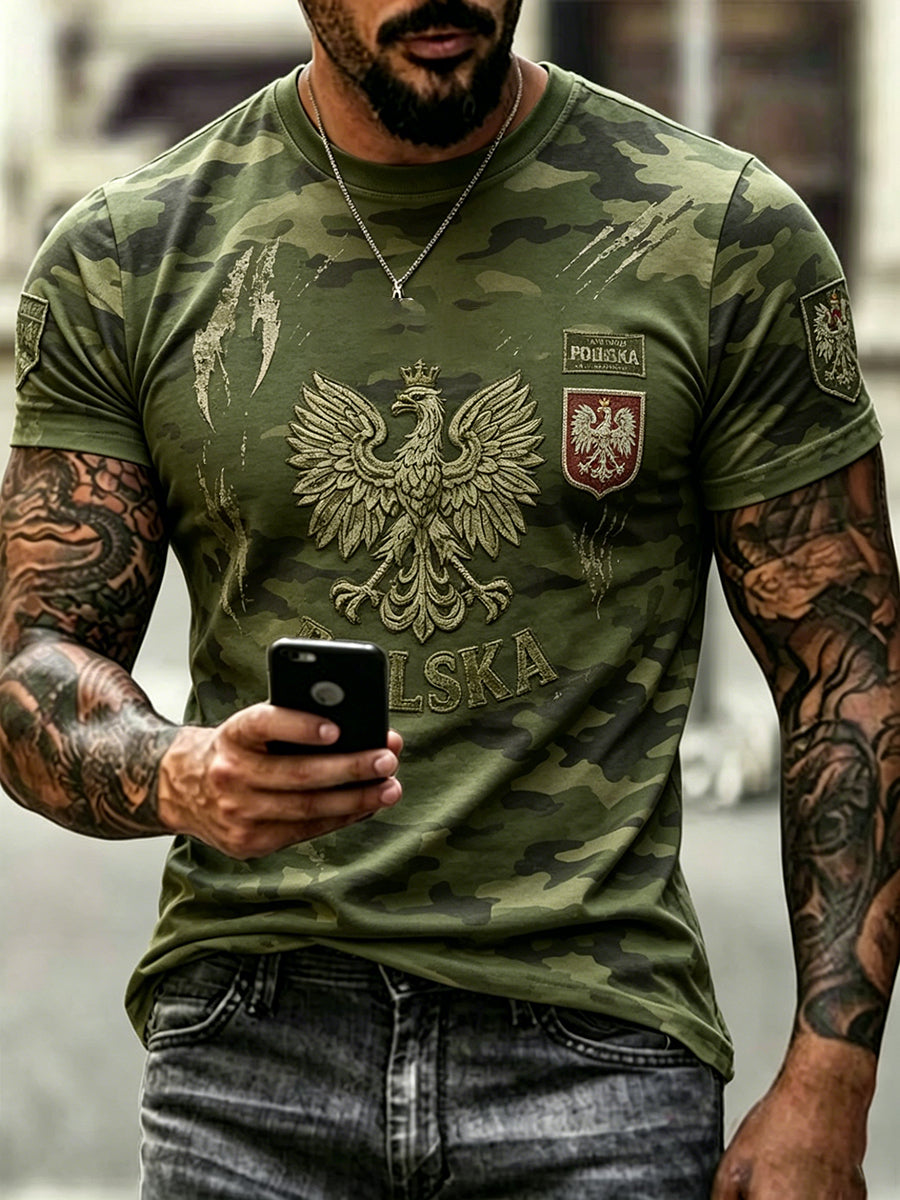 Męski t-shirt z krótkim rękawem w stylu militarnym, z efektem znoszenia i wzorem moro