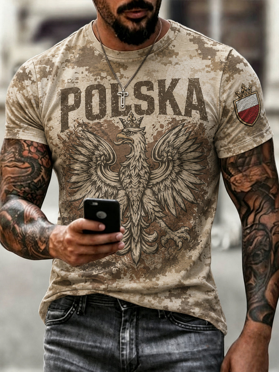 Męska koszulka z nadrukiem wojskowego elementu kamuflażu w trudnej sytuacji