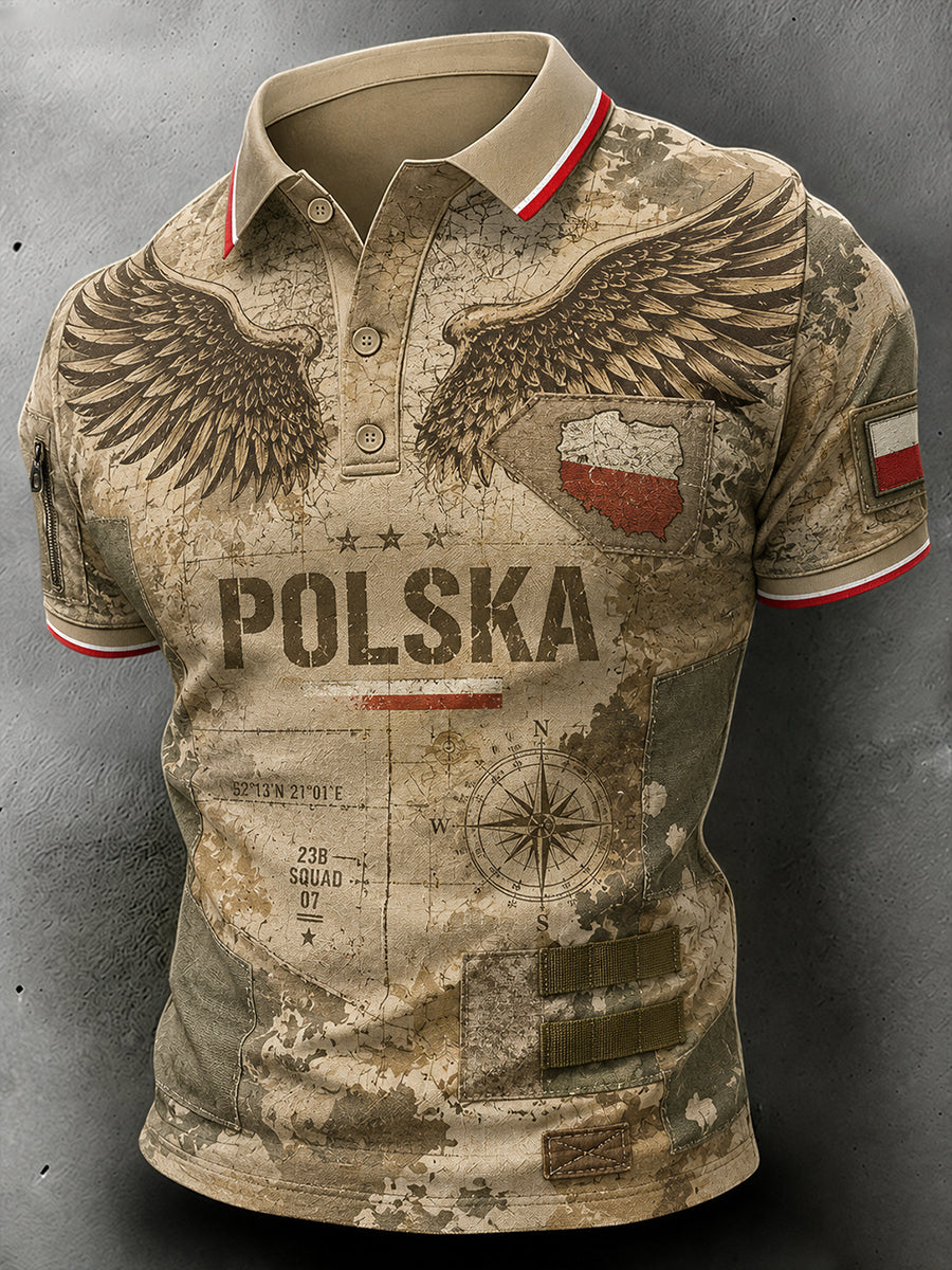 Męski koszulowy polo z nadrukiem w militarnym stylu typu „distressed” w kolorze moro