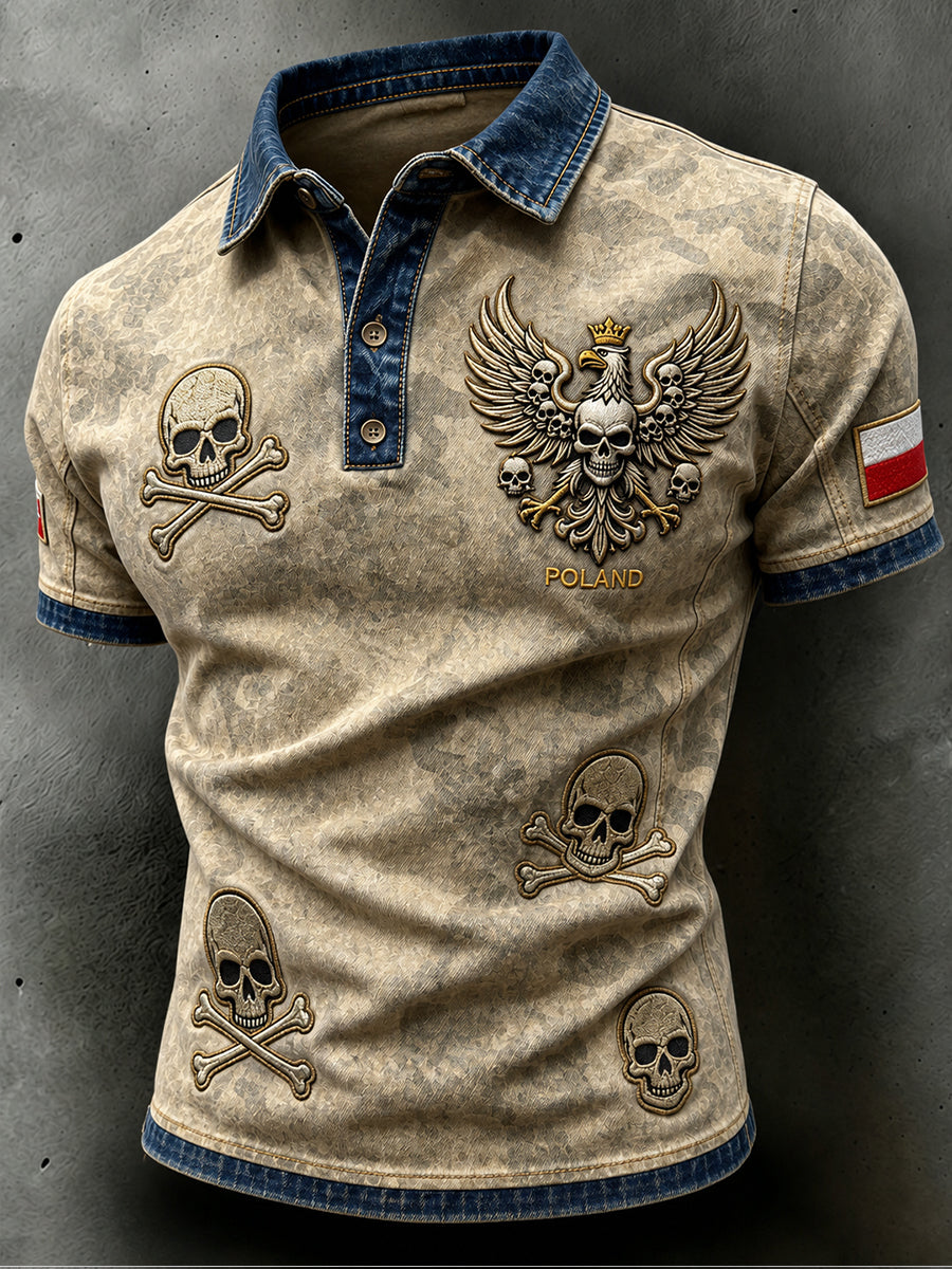 Męski, w stylu vintage, z efektem przetarcia polowy koszulka polo z moro z polskim nadrukiem artystycznym