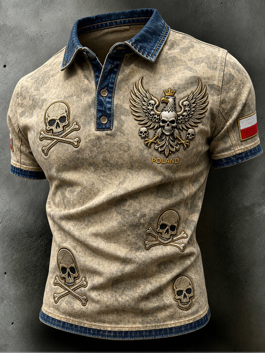 Męski, w stylu vintage, z efektem przetarcia polowy koszulka polo z moro z polskim nadrukiem artystycznym