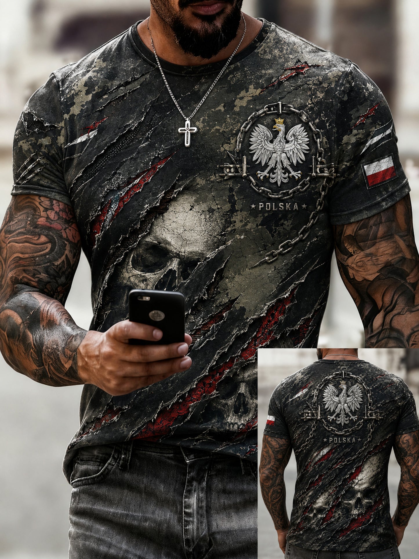 Męski t-shirt z polskim kamuflażem w wojskowym stylu i nadrukiem artystycznym