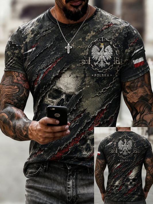 Męski t-shirt z polskim kamuflażem w wojskowym stylu i nadrukiem artystycznym