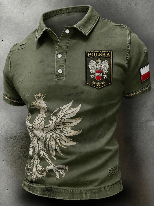 Męska koszulka polo z kamuflażem w stylu vintage z polskim nadrukiem artystycznym