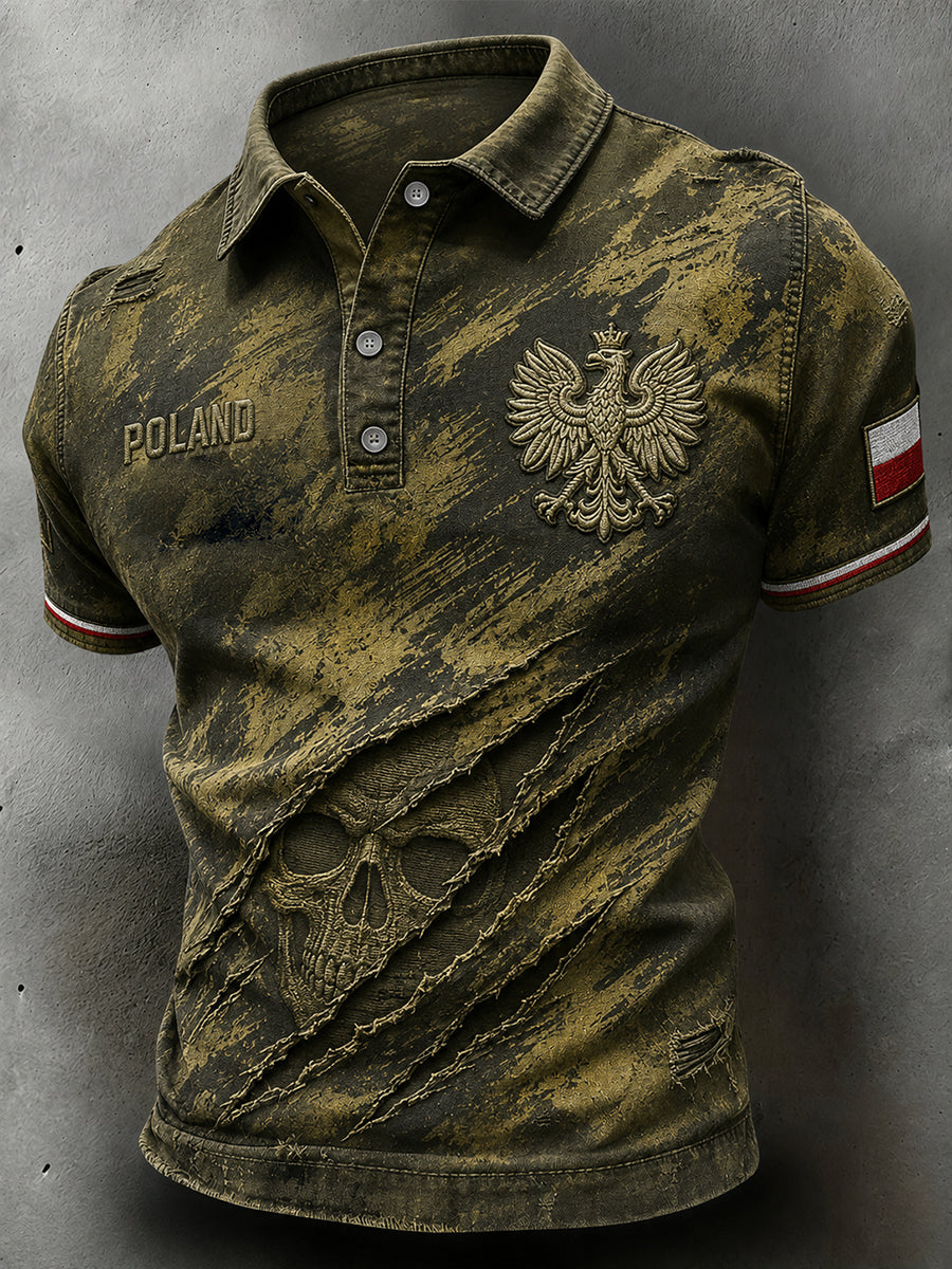 Męski, w stylu vintage, z efektem przetarcia polowy koszulka polo z moro z polskim nadrukiem artystycznym