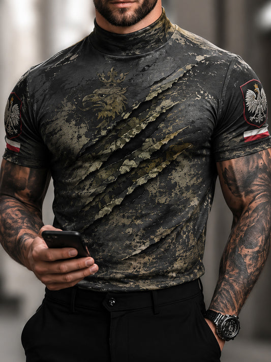 Męski t-shirt z polskim kamuflażem w wojskowym stylu i nadrukiem artystycznym
