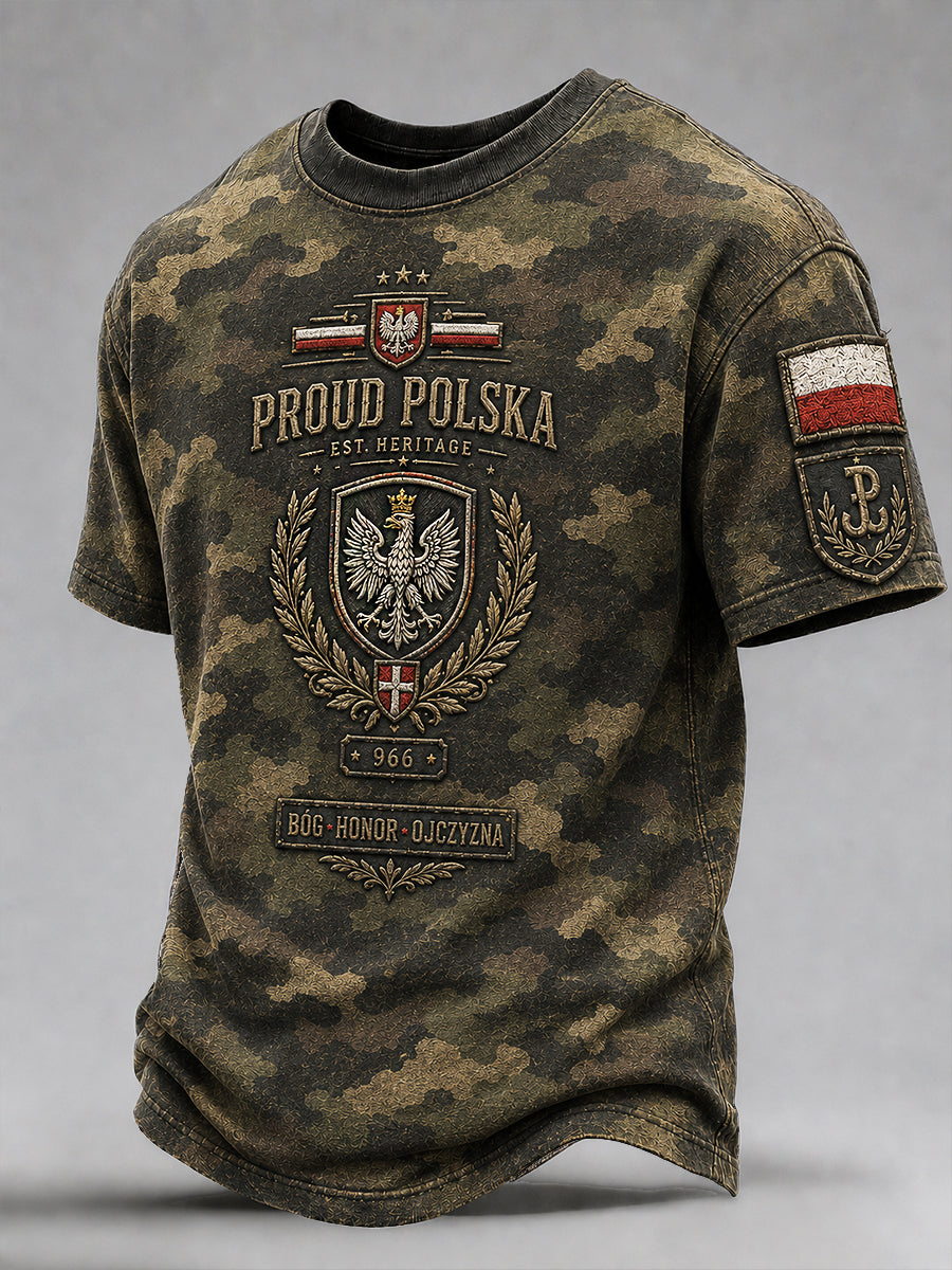 Męska koszulka wojskowa w stylu vintage z efektem przetarcia i polskim nadrukiem artystycznym