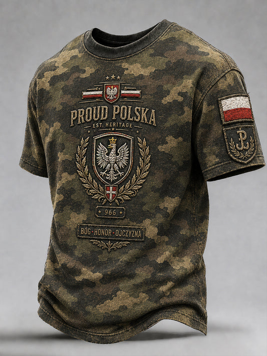 Męska koszulka wojskowa w stylu vintage z efektem przetarcia i polskim nadrukiem artystycznym