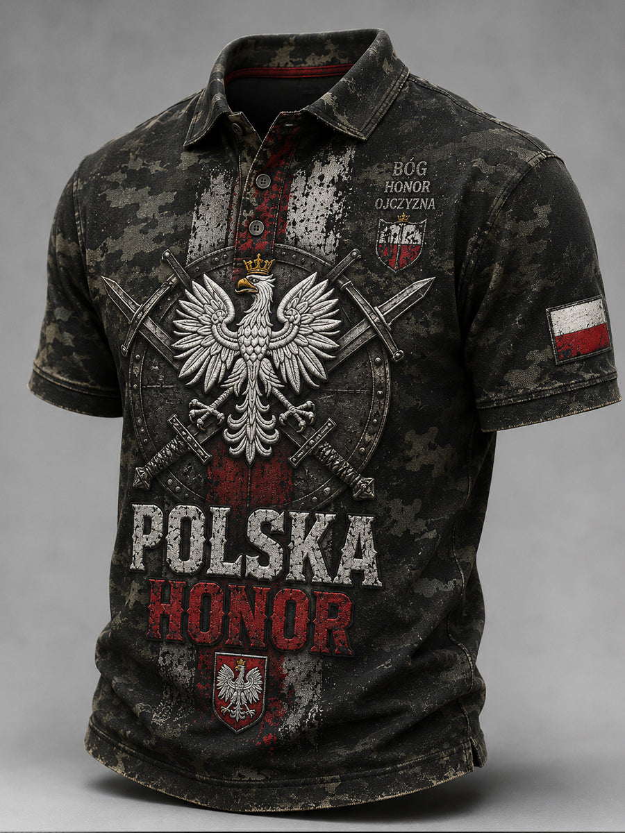 Męski, w stylu vintage, z efektem przetarcia polowy koszulka polo z moro z polskim nadrukiem artystycznym