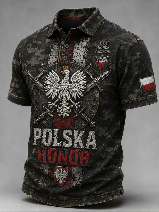 Męski, w stylu vintage, z efektem przetarcia polowy koszulka polo z moro z polskim nadrukiem artystycznym