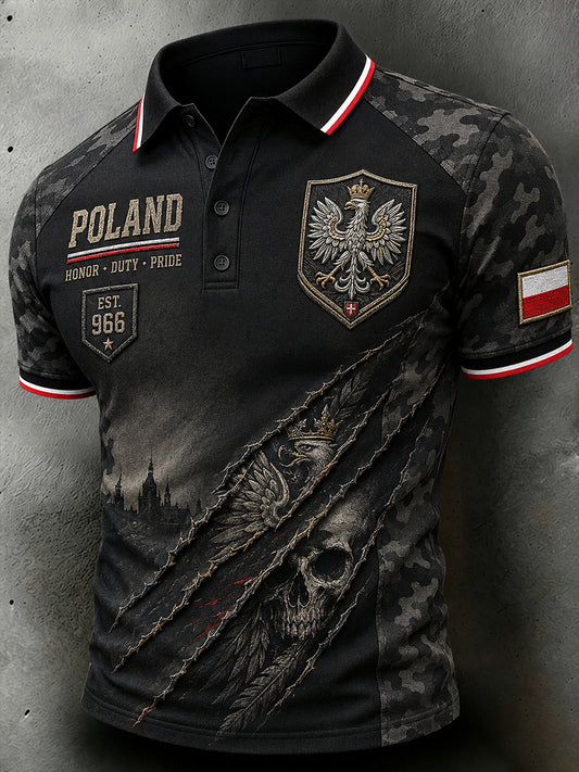 Męski koszulowy polo w stylu retro z krótkim rękawem i wzorem moro