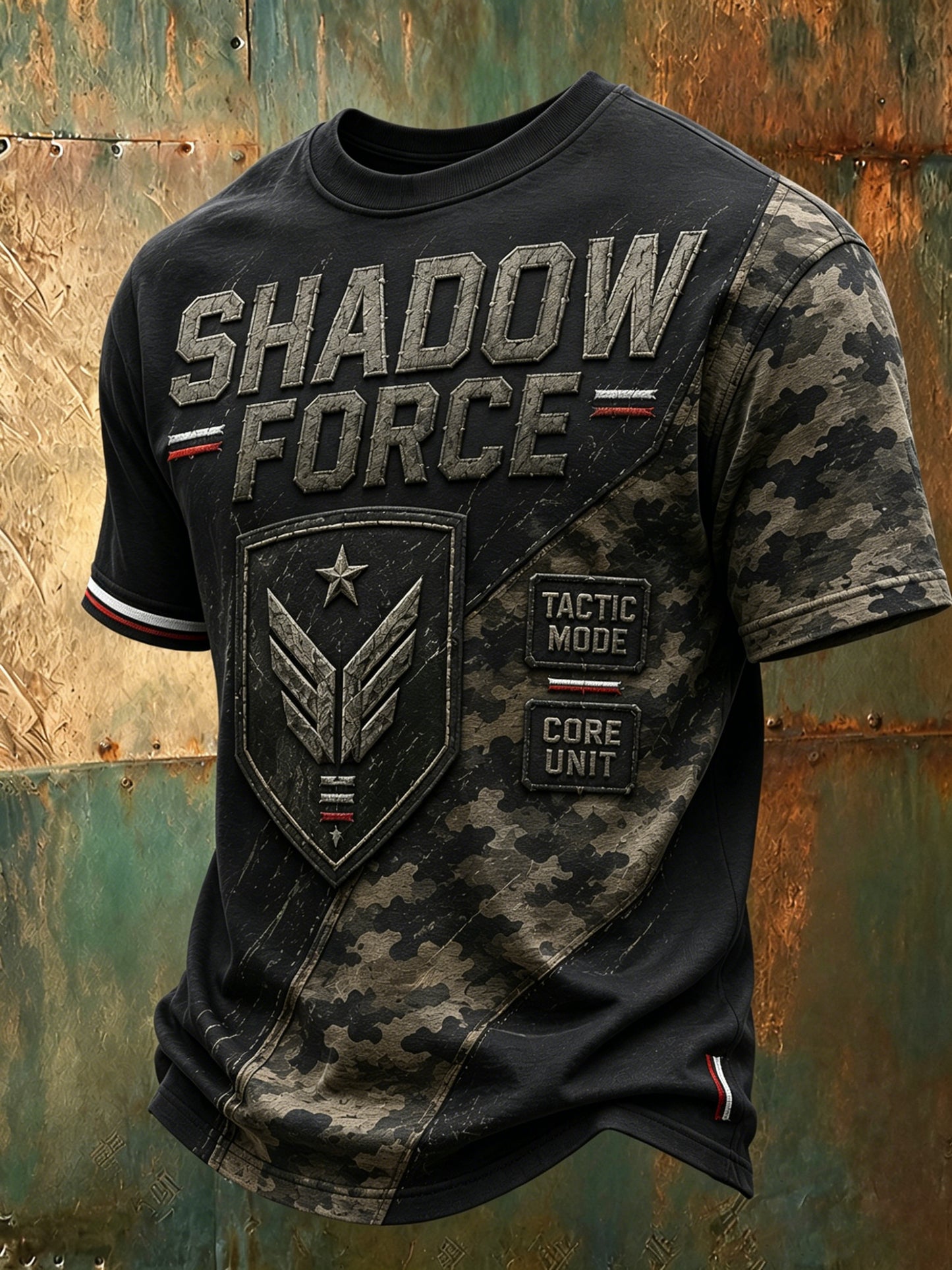 Męski polski t-shirt z patchworkowym nadrukiem wojskowym