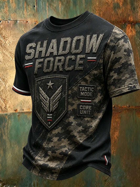 Męski polski t-shirt z patchworkowym nadrukiem wojskowym