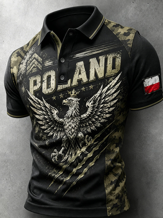 Męski polski koszulowy polo z nadrukiem artystycznym w stylu patchworkowym i kamuflażowym