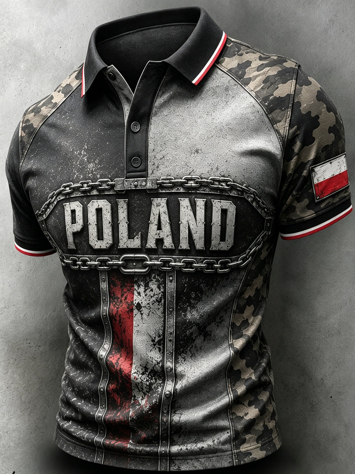 Męski polski koszulowy polo z nadrukiem artystycznym w stylu patchworkowym i kamuflażowym