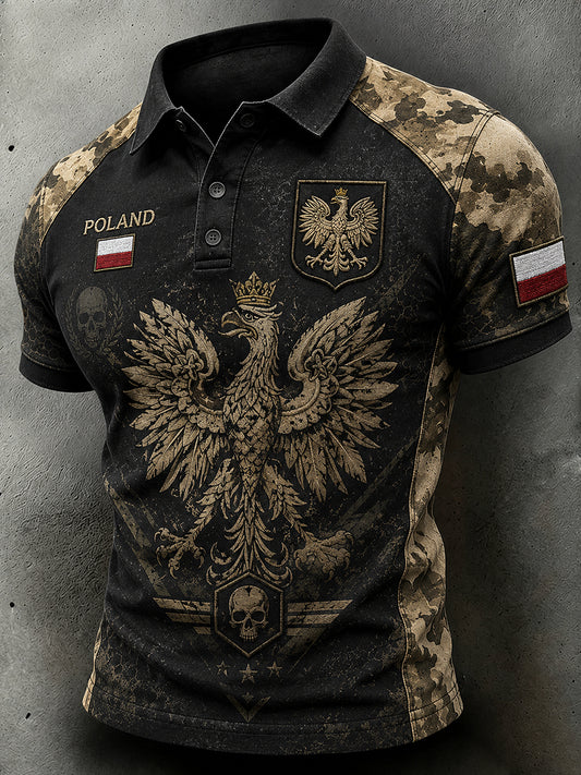 Męski koszulowy polo w stylu retro z krótkim rękawem i wzorem moro